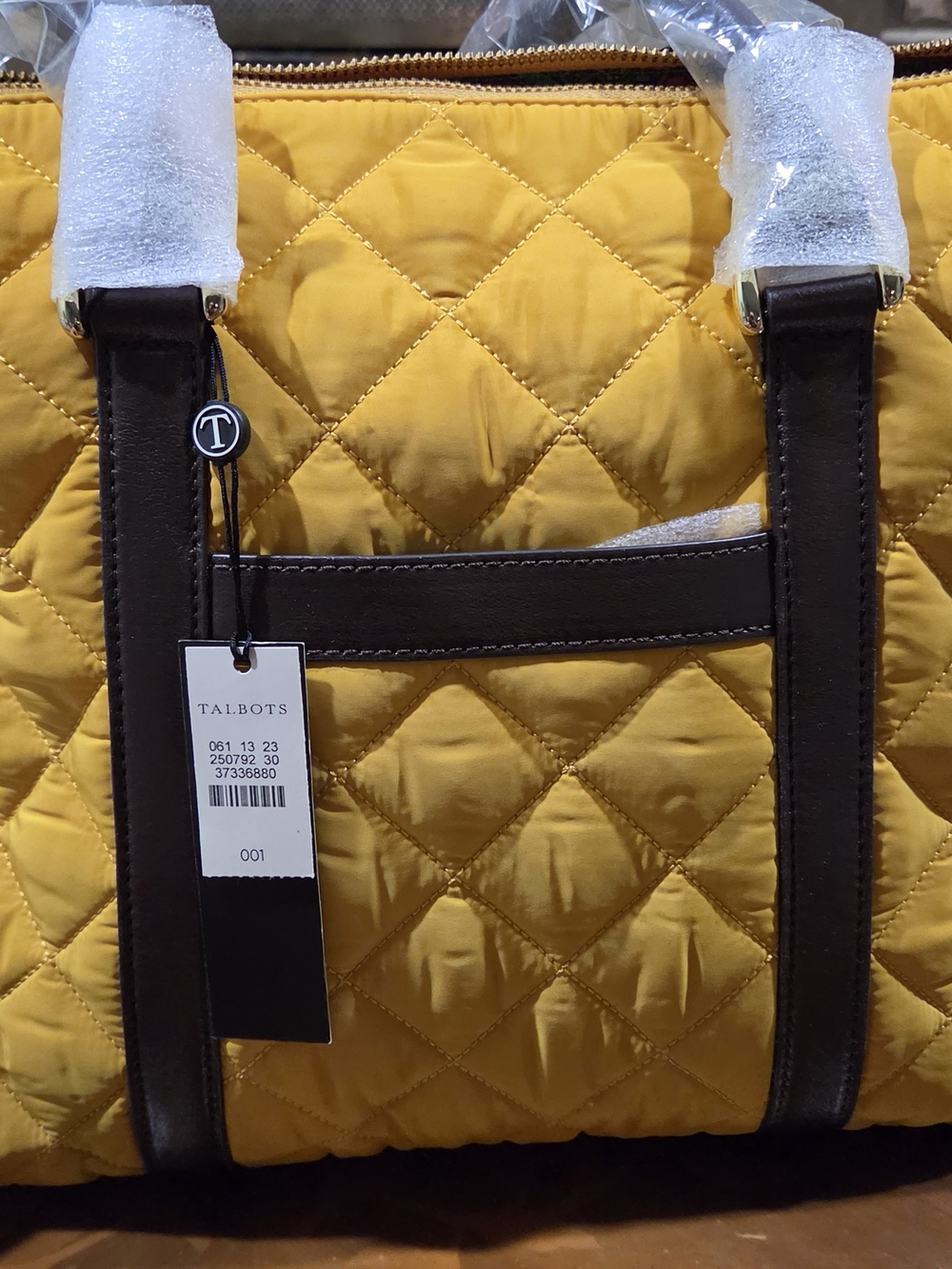 Talbots Quilted Yellow Tote Bag with Dark Brown Trim